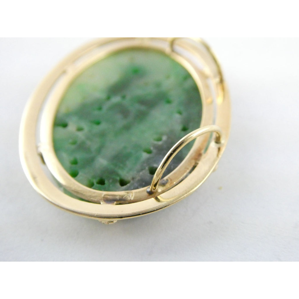 Vintage Chinese 14k Yellow Gold Carved Green Jade Pendant 9g 1.5 Inch Wide