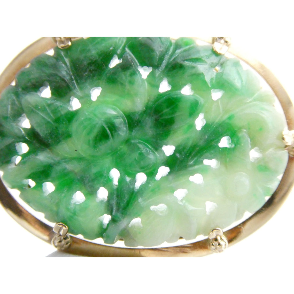 Vintage Chinese 14k Yellow Gold Carved Green Jade Pendant 9g 1.5 Inch Wide