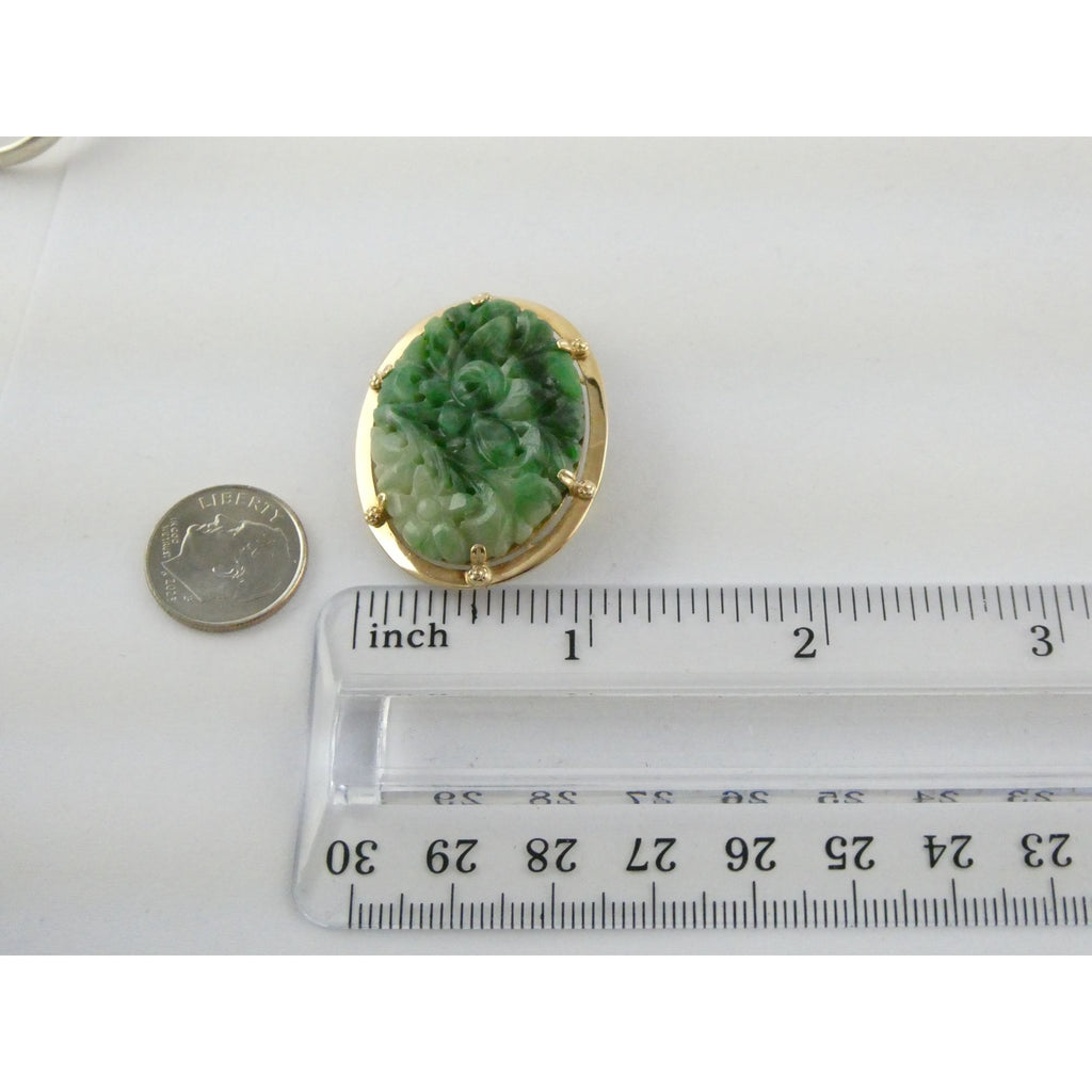 Vintage Chinese 14k Yellow Gold Carved Green Jade Pendant 9g 1.5 Inch Wide
