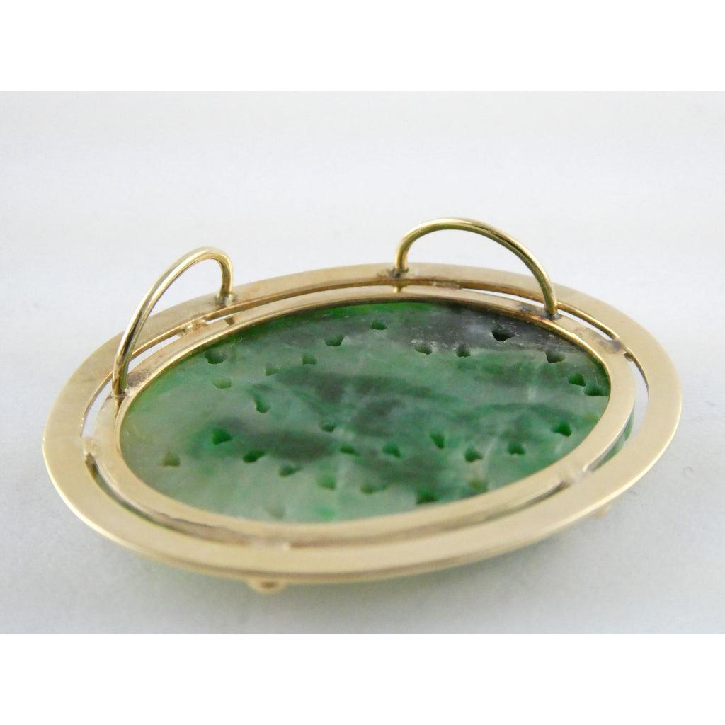 Vintage Chinese 14k Yellow Gold Carved Green Jade Pendant 9g 1.5 Inch Wide