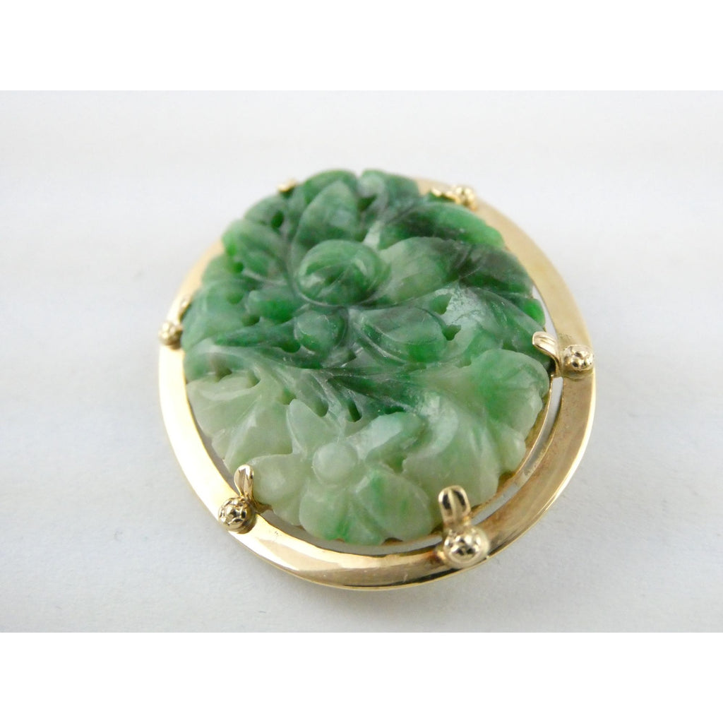 Vintage Chinese 14k Yellow Gold Carved Green Jade Pendant 9g 1.5 Inch Wide
