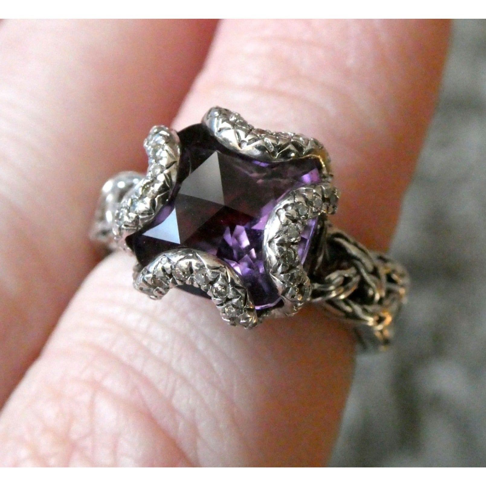 John Hardy Woven Cable Sterling Silver Amethyst and Diamond Ring Size 6 7.2g