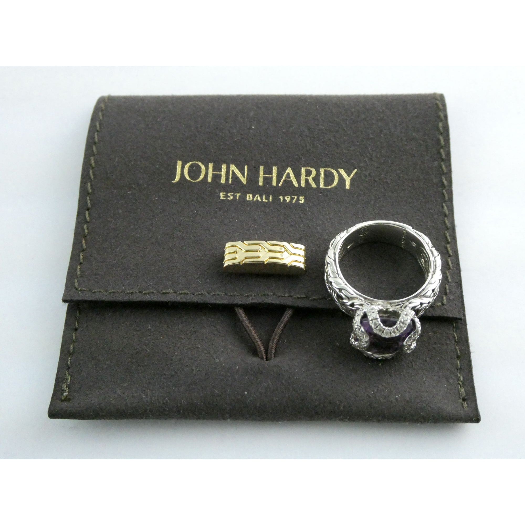 John Hardy Woven Cable Sterling Silver Amethyst and Diamond Ring Size 6 7.2g