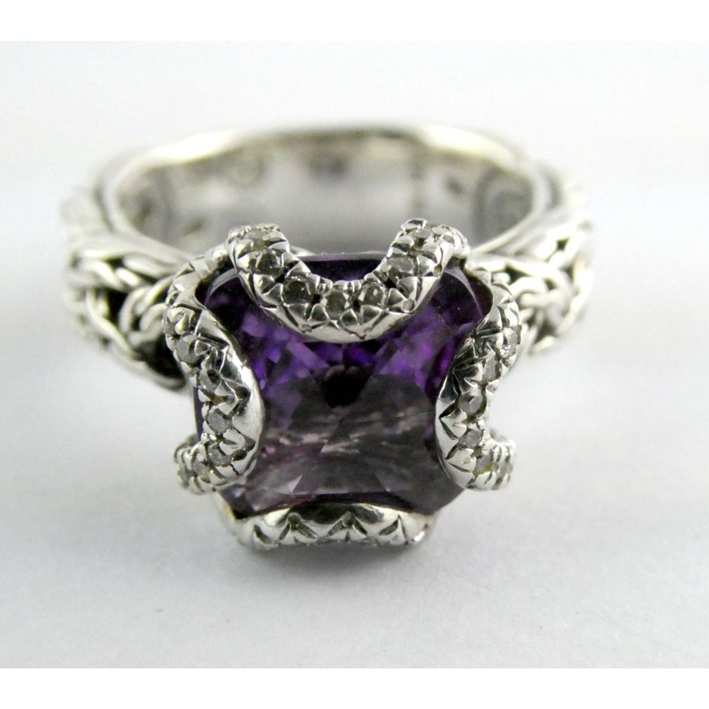 John Hardy Woven Cable Sterling Silver Amethyst and Diamond Ring Size 6 7.2g