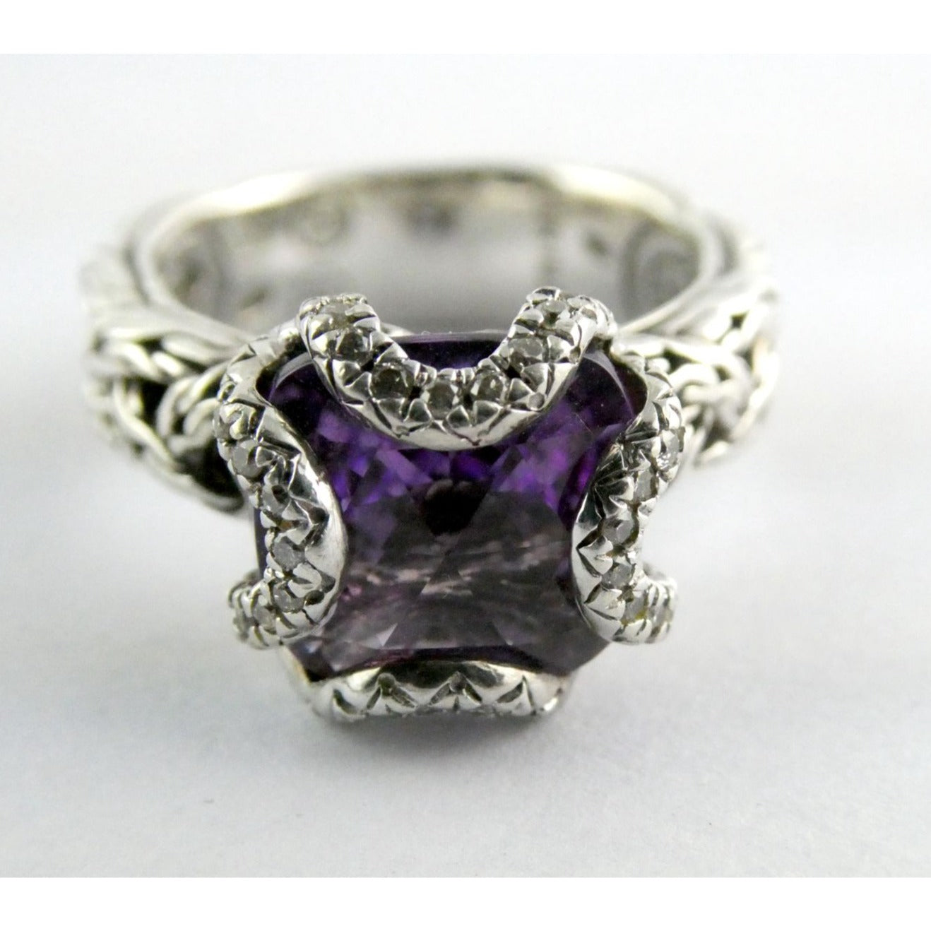 John Hardy Woven Cable Sterling Silver Amethyst and Diamond Ring Size 6 7.2g