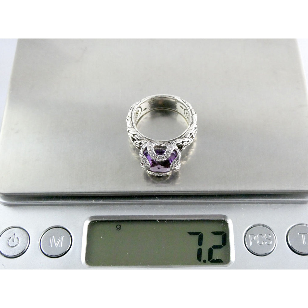 John Hardy Woven Cable Sterling Silver Amethyst and Diamond Ring Size 6 7.2g