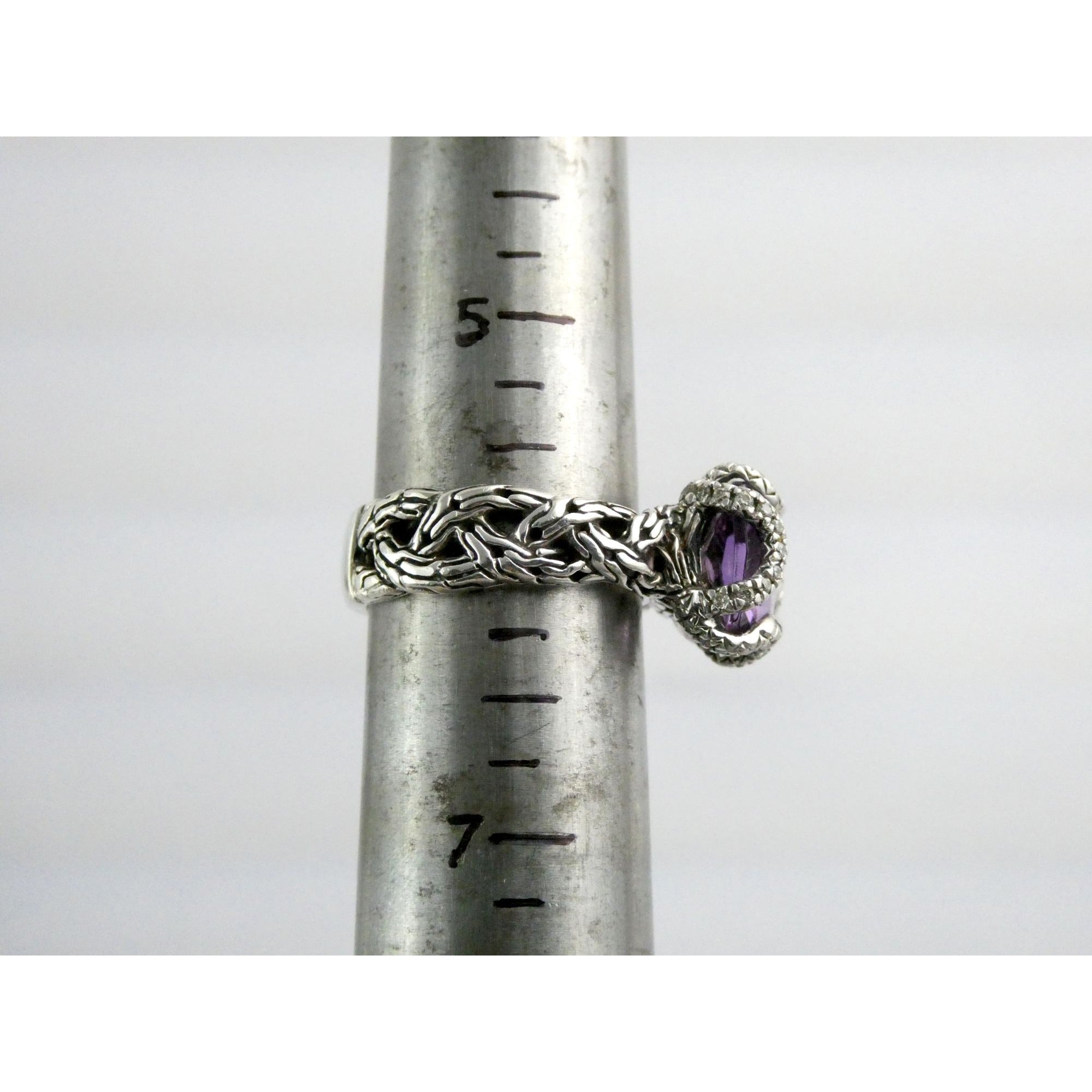 John Hardy Woven Cable Sterling Silver Amethyst and Diamond Ring Size 6 7.2g