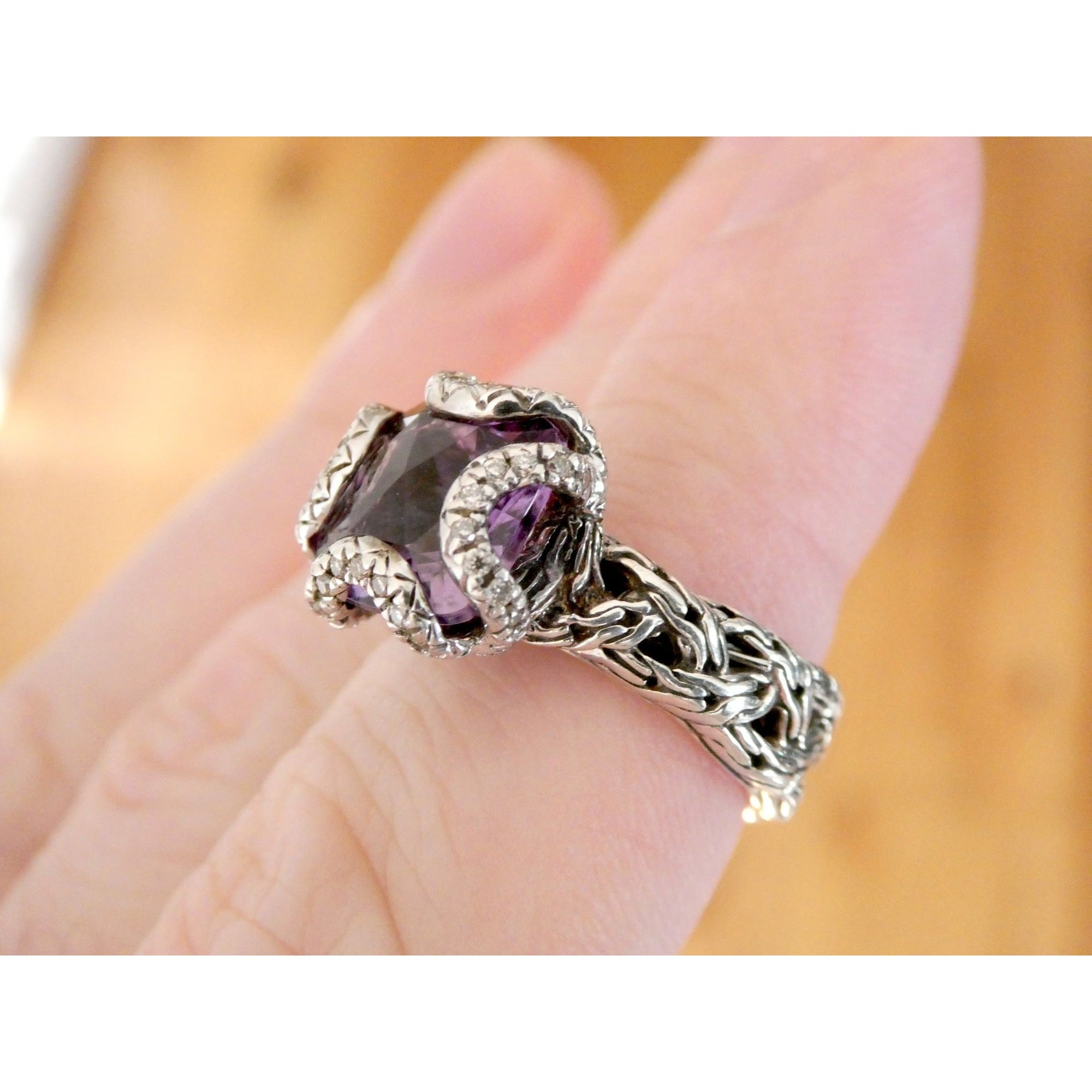 John Hardy Woven Cable Sterling Silver Amethyst and Diamond Ring Size 6 7.2g