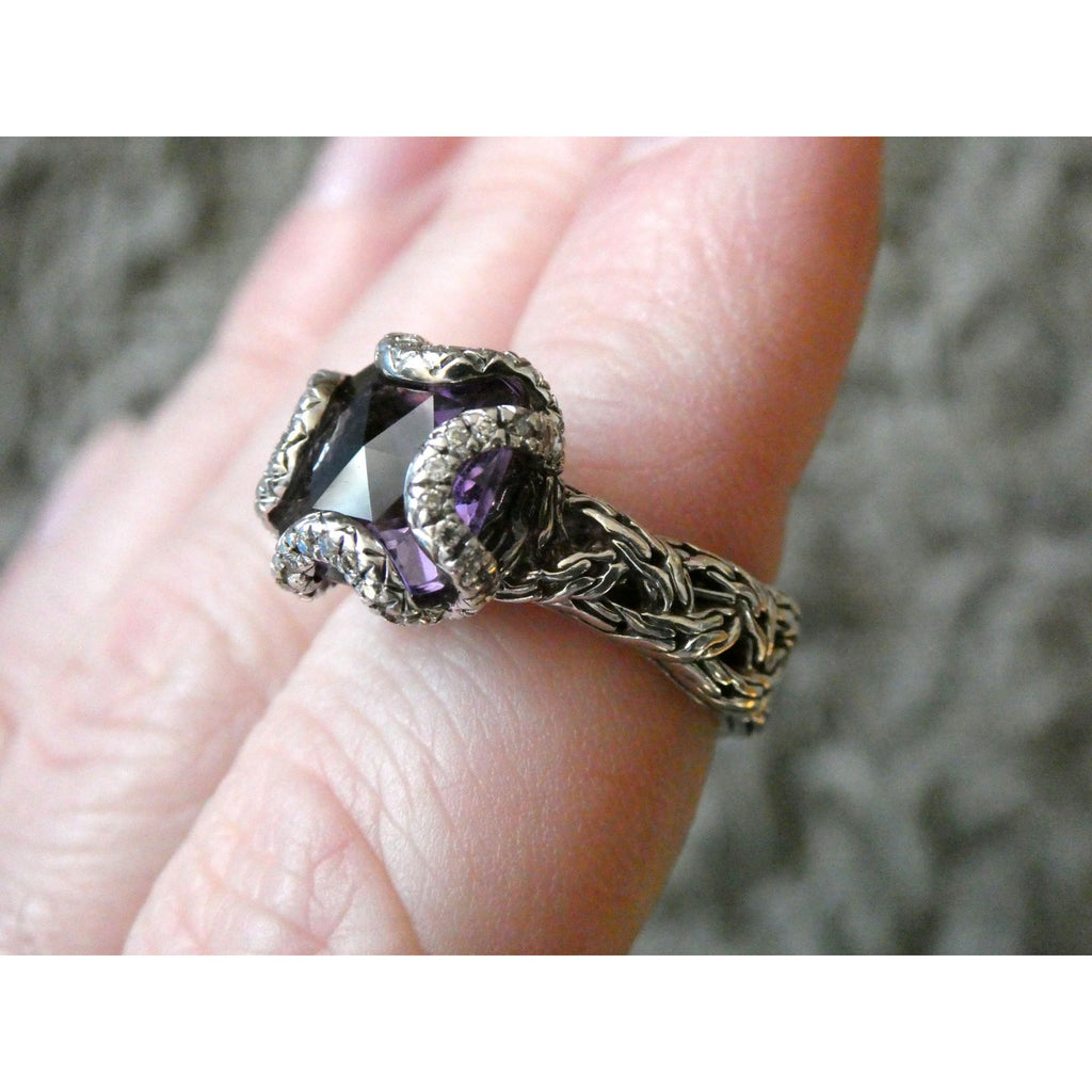 John Hardy Woven Cable Sterling Silver Amethyst and Diamond Ring Size 6 7.2g