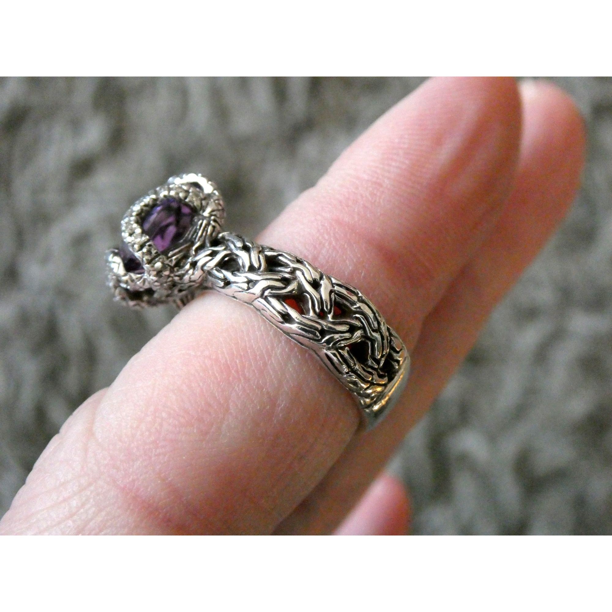 John Hardy Woven Cable Sterling Silver Amethyst and Diamond Ring Size 6 7.2g