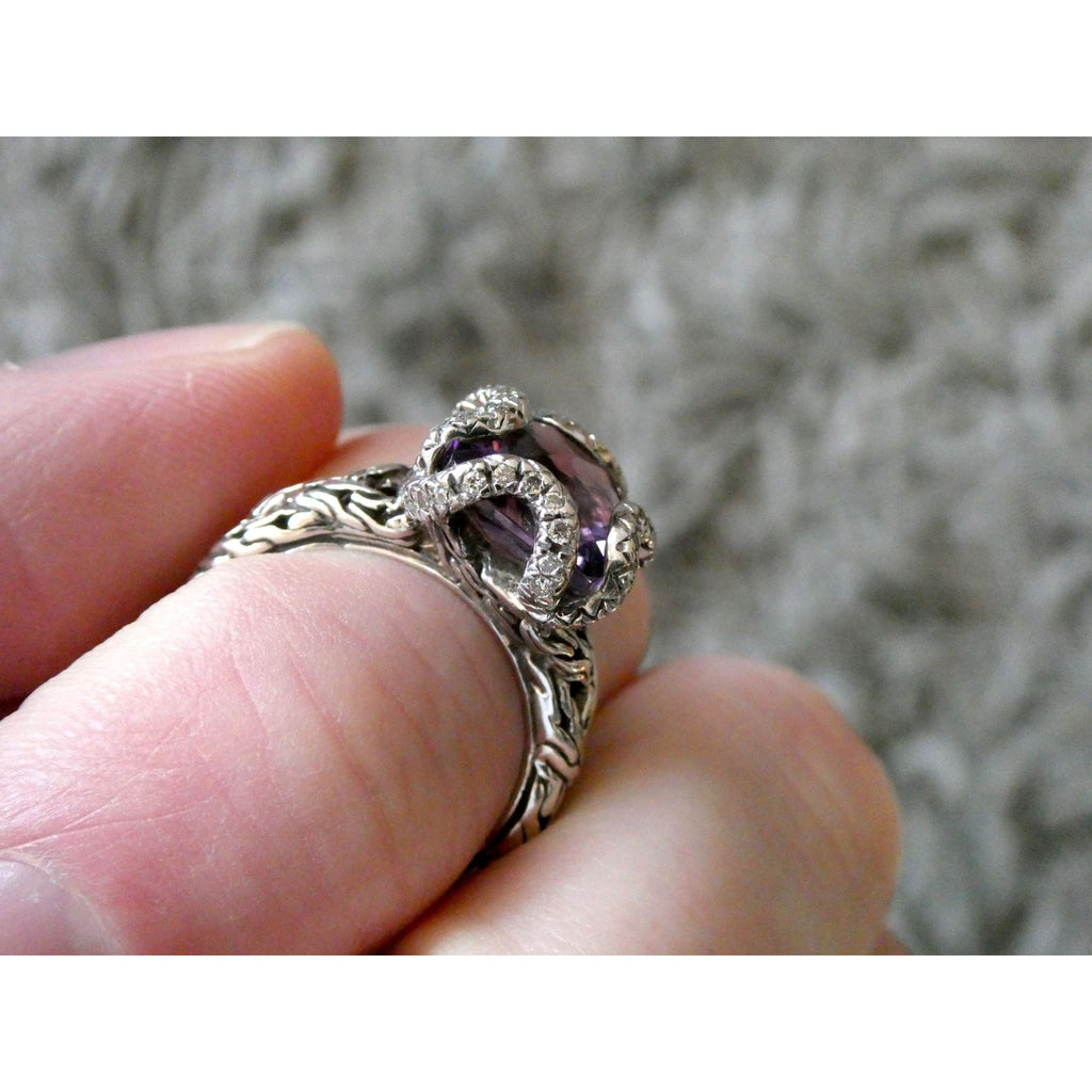 John Hardy Woven Cable Sterling Silver Amethyst and Diamond Ring Size 6 7.2g