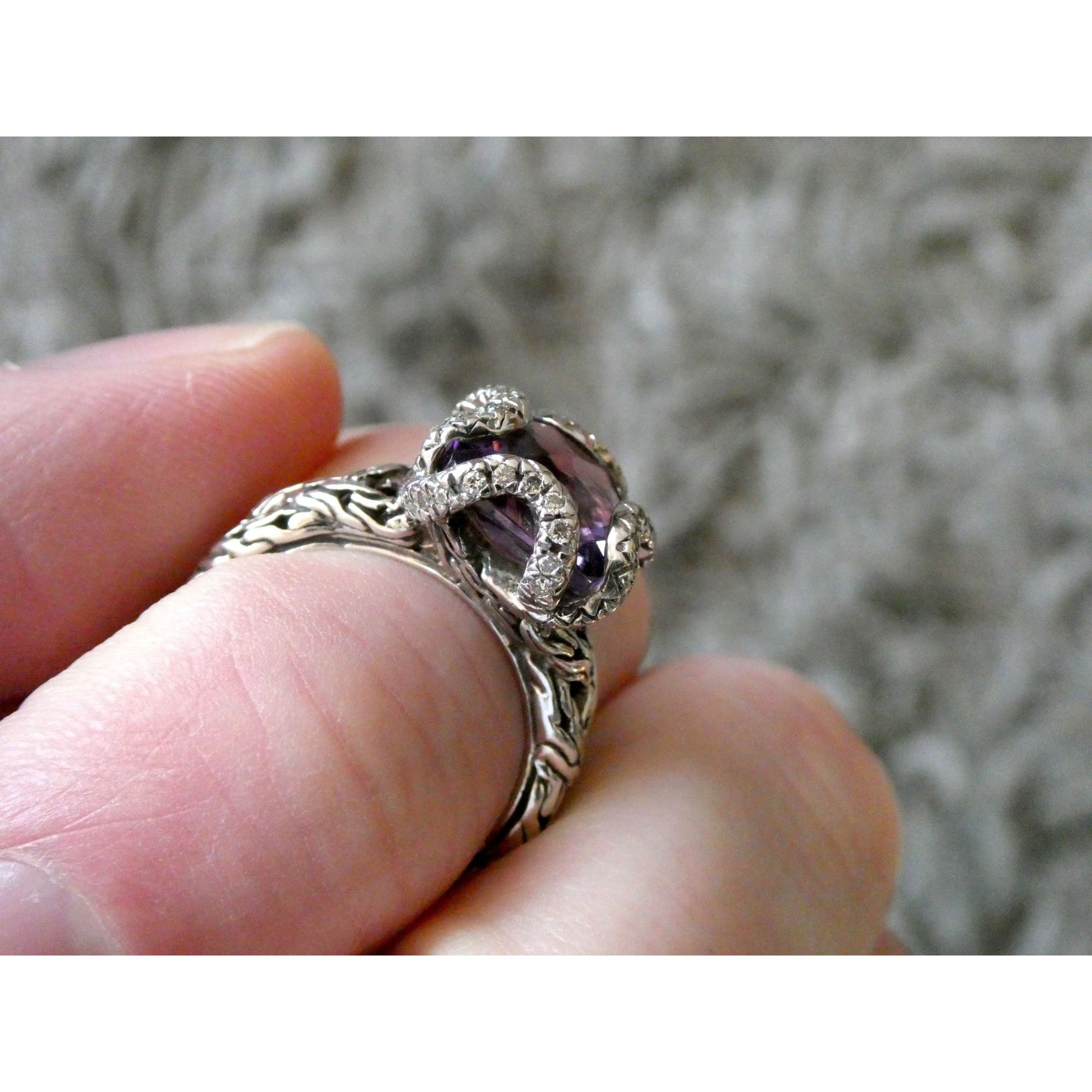 John Hardy Woven Cable Sterling Silver Amethyst and Diamond Ring Size 6 7.2g