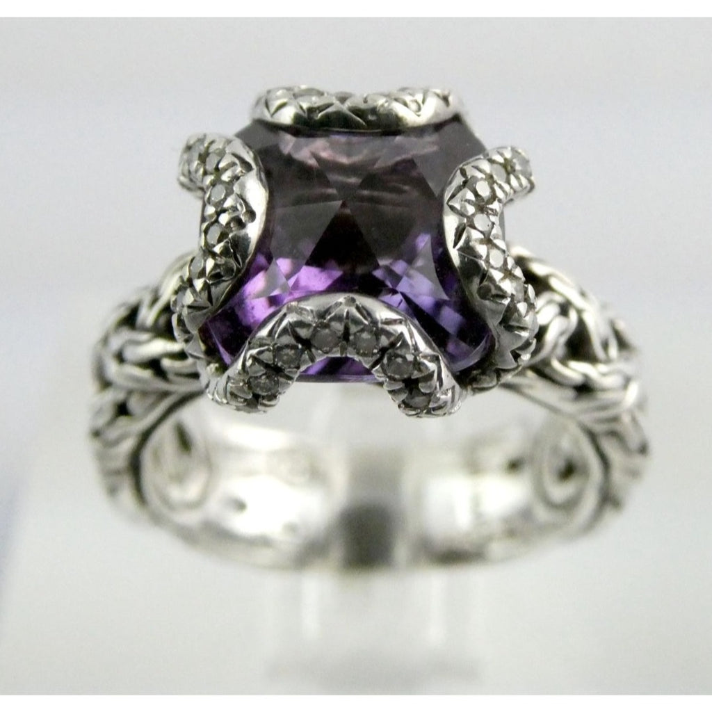John Hardy Woven Cable Sterling Silver Amethyst and Diamond Ring Size 6 7.2g