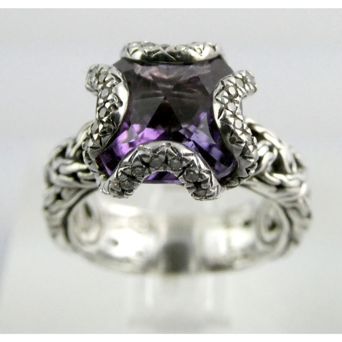John Hardy Woven Cable Sterling Silver Amethyst and Diamond Ring Size 6 7.2g