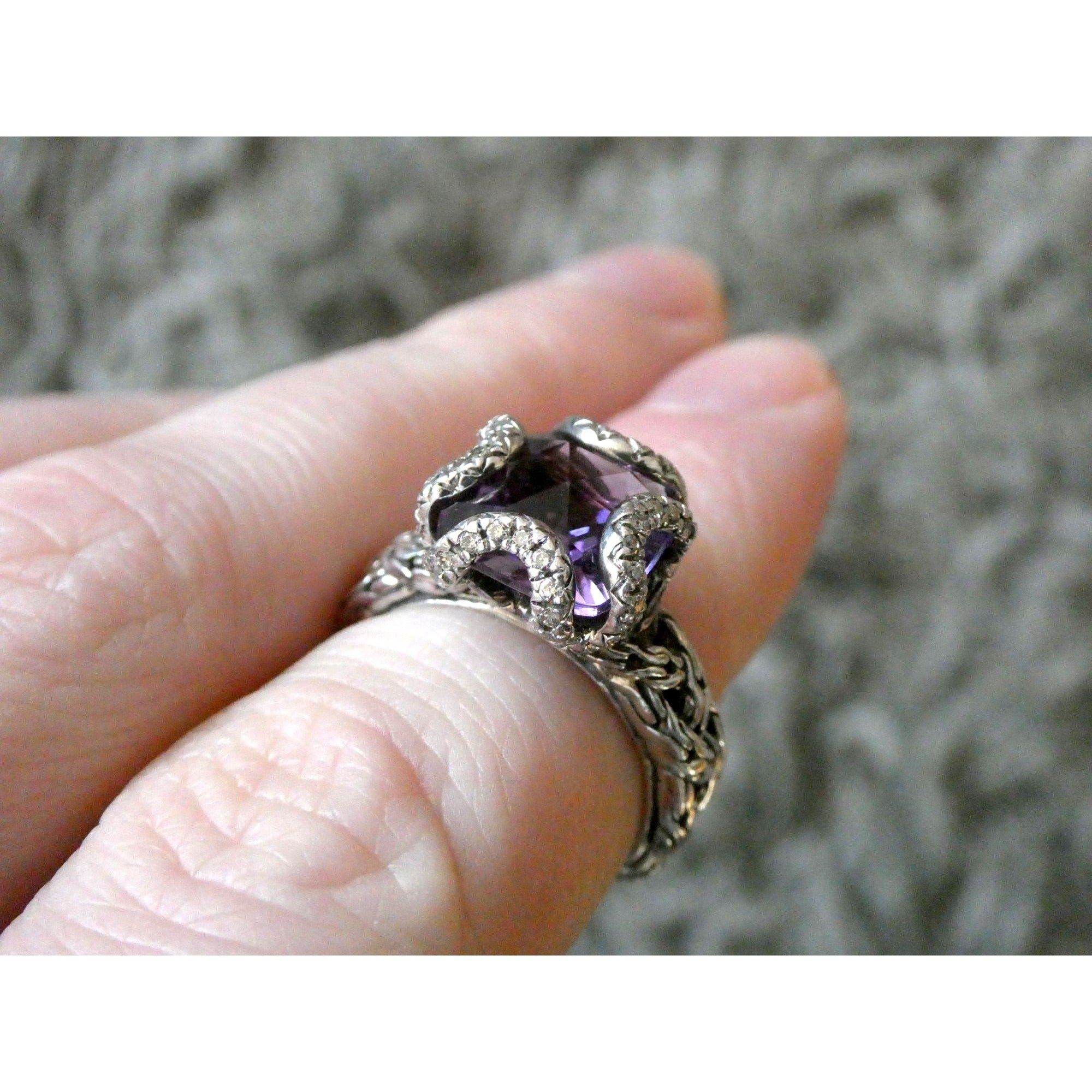 John Hardy Woven Cable Sterling Silver Amethyst and Diamond Ring Size 6 7.2g