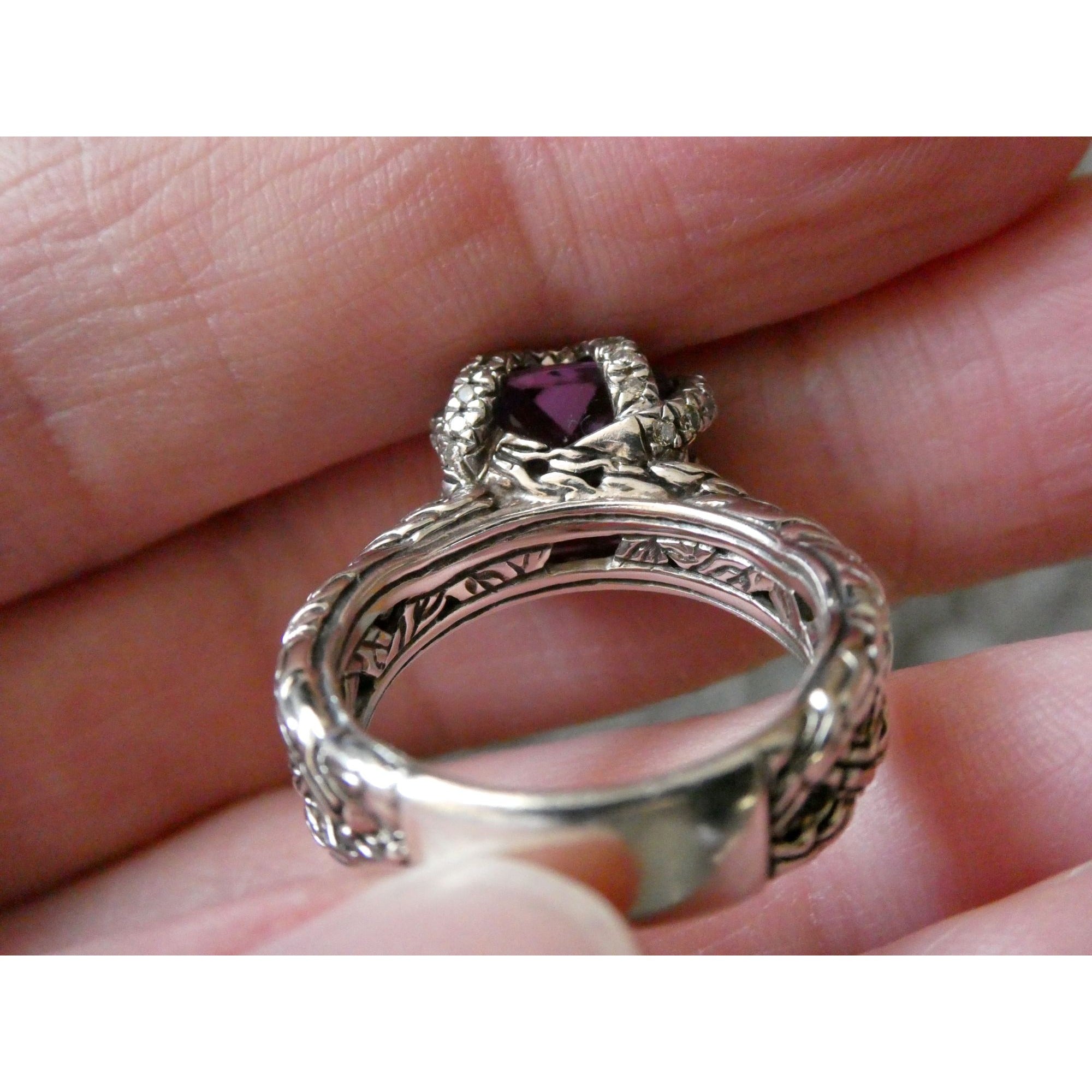 John Hardy Woven Cable Sterling Silver Amethyst and Diamond Ring Size 6 7.2g
