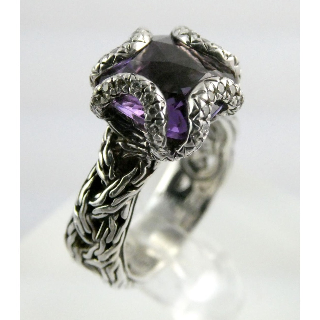 John Hardy Woven Cable Sterling Silver Amethyst and Diamond Ring Size 6 7.2g