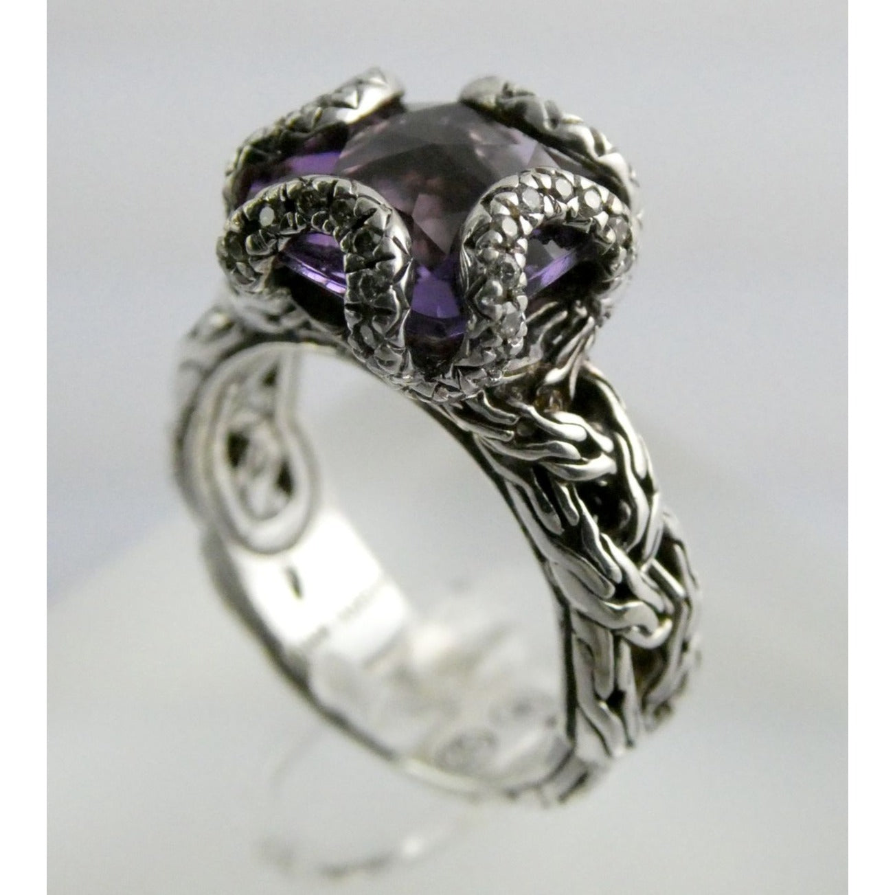 John Hardy Woven Cable Sterling Silver Amethyst and Diamond Ring Size 6 7.2g
