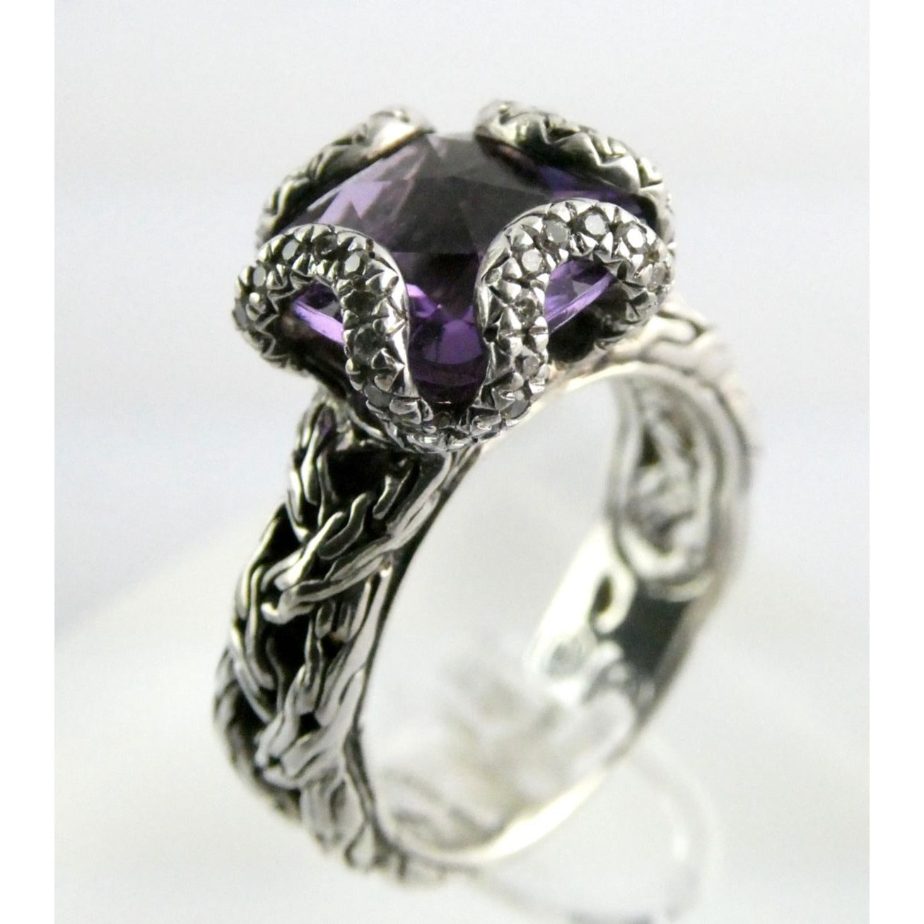 John Hardy Woven Cable Sterling Silver Amethyst and Diamond Ring Size 6 7.2g