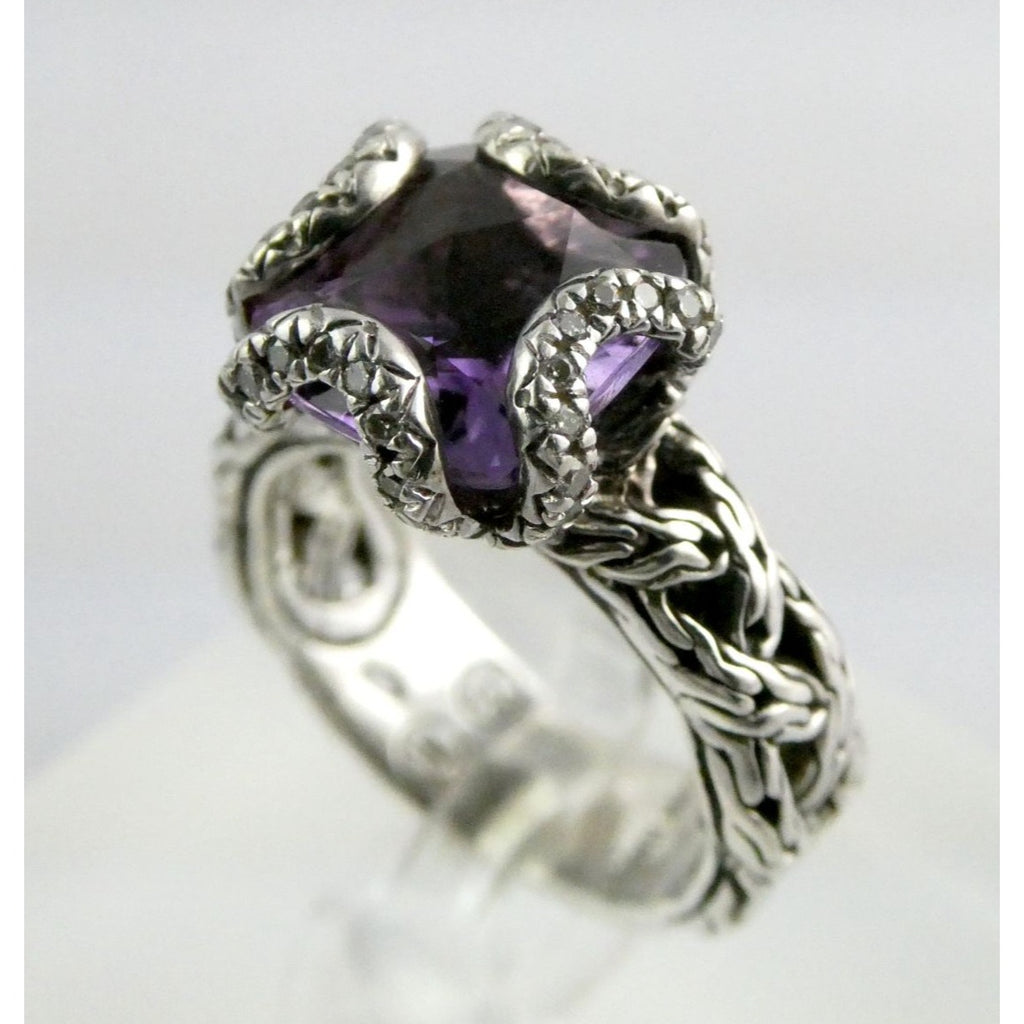 John Hardy Woven Cable Sterling Silver Amethyst and Diamond Ring Size 6 7.2g