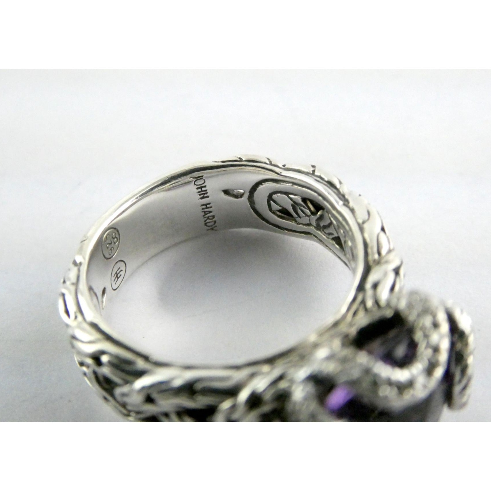 John Hardy Woven Cable Sterling Silver Amethyst and Diamond Ring Size 6 7.2g