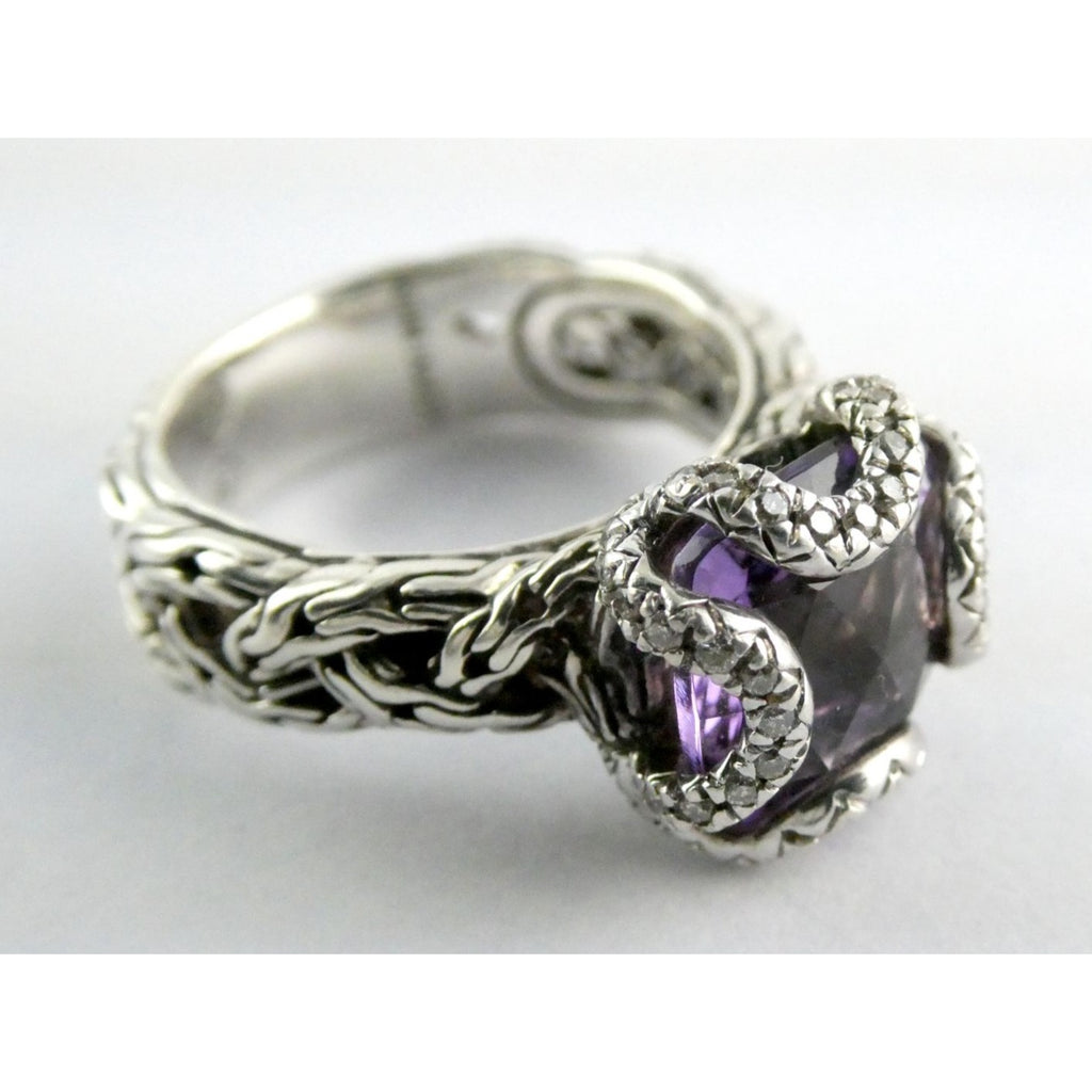 John Hardy Woven Cable Sterling Silver Amethyst and Diamond Ring Size 6 7.2g