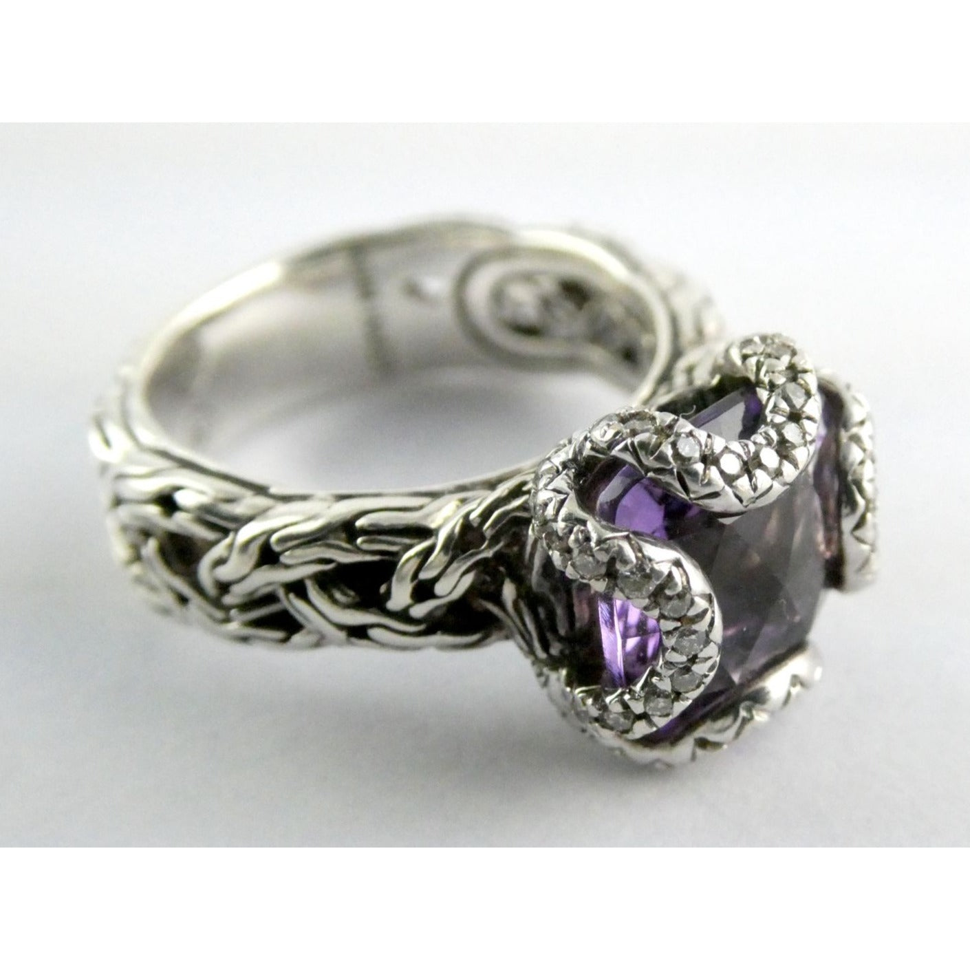 John Hardy Woven Cable Sterling Silver Amethyst and Diamond Ring Size 6 7.2g