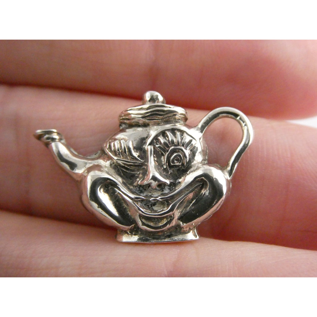 Vintage Funny Face Cartoon Character Teapot Pendant 925 3.2g 1 Inch Length