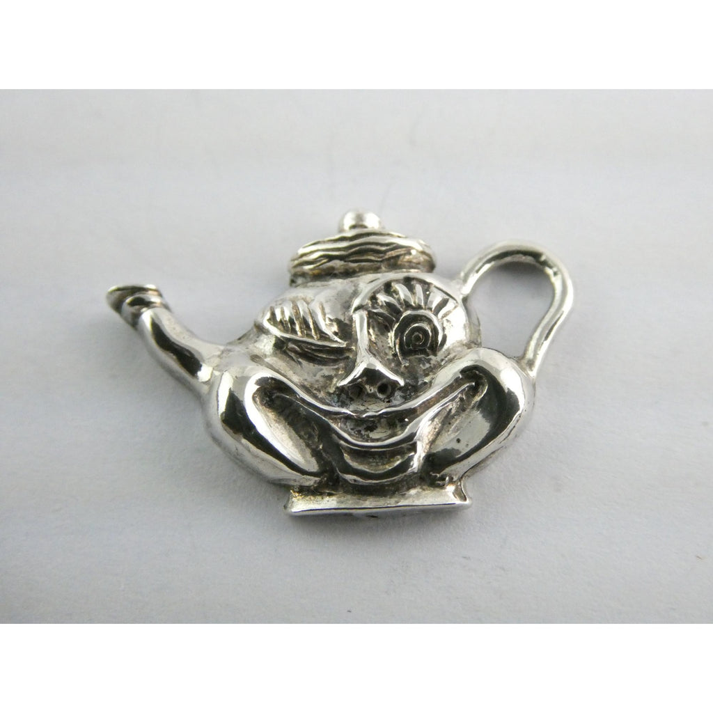 Vintage Funny Face Cartoon Character Teapot Pendant 925 3.2g 1 Inch Length