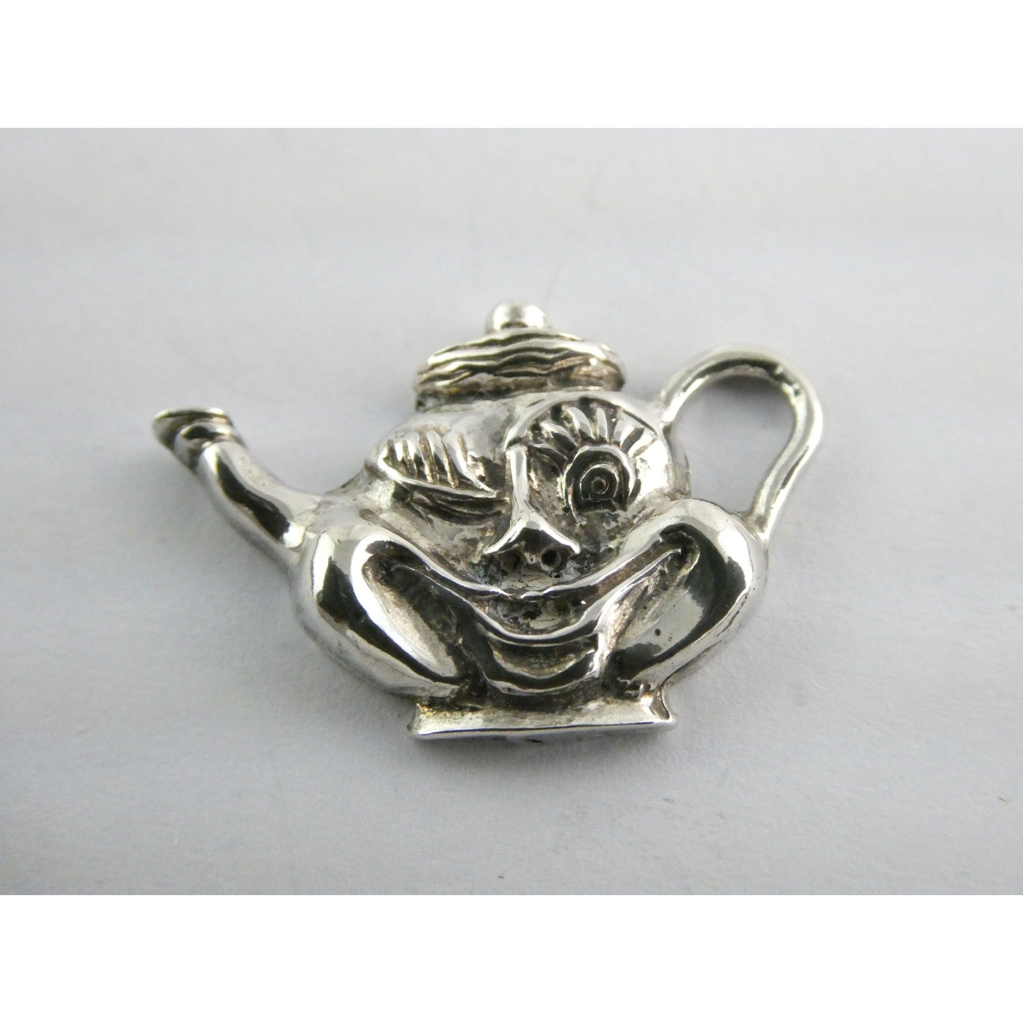 Vintage Funny Face Cartoon Character Teapot Pendant 925 3.2g 1 Inch Length