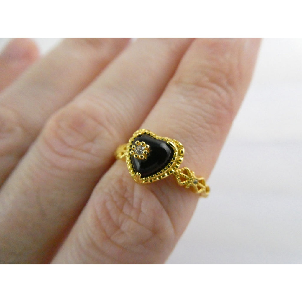 Gilt Sterling Silver Crystal Accent Black Onyx Heart Ring Size 7.75 Weighs 2.2g