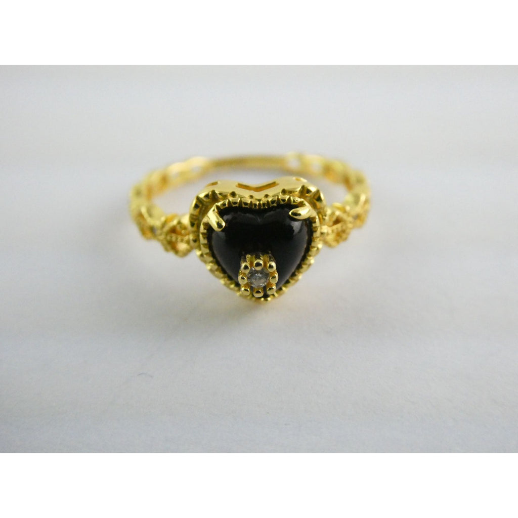 Gilt Sterling Silver Crystal Accent Black Onyx Heart Ring Size 7.75 Weighs 2.2g