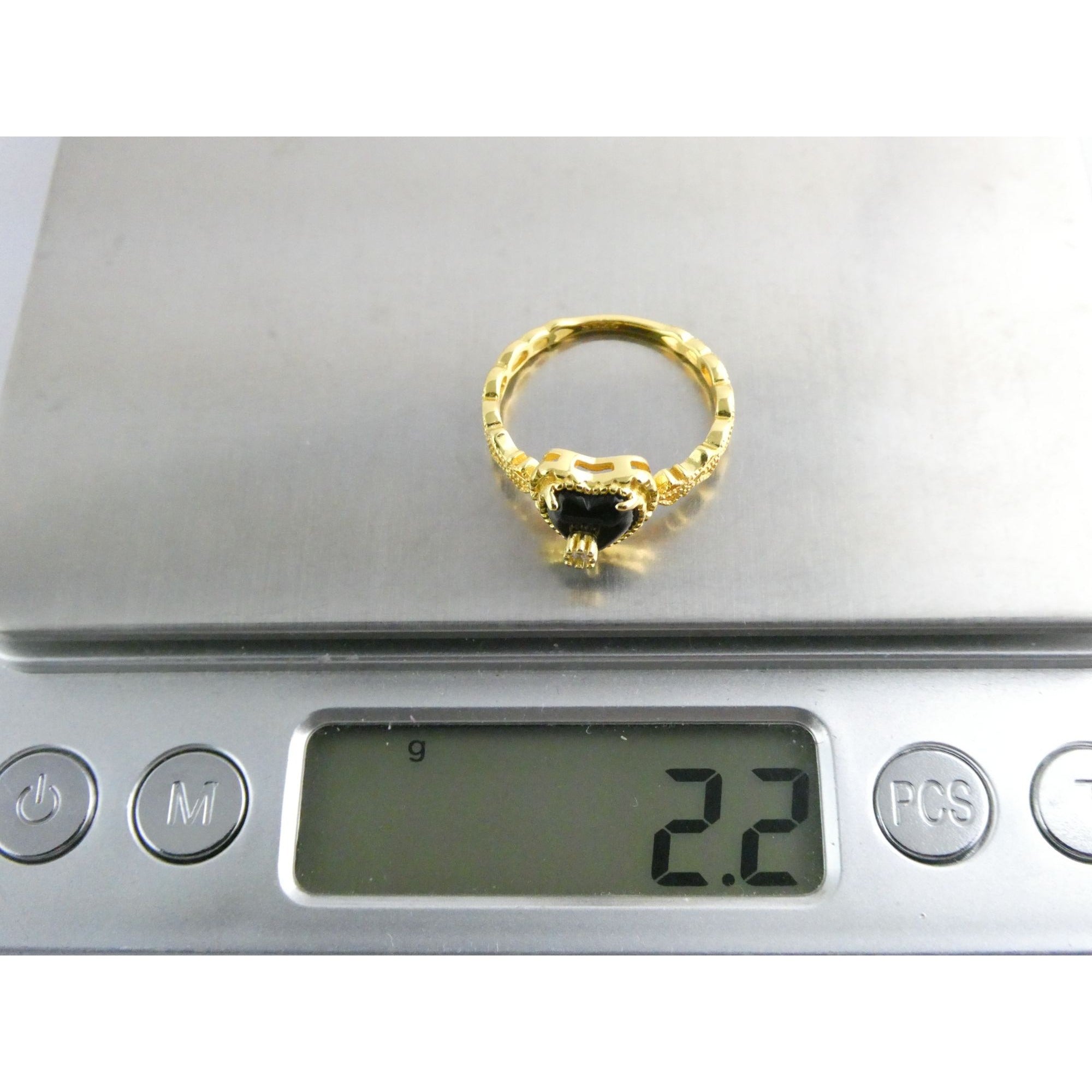Gilt Sterling Silver Crystal Accent Black Onyx Heart Ring Size 7.75 Weighs 2.2g