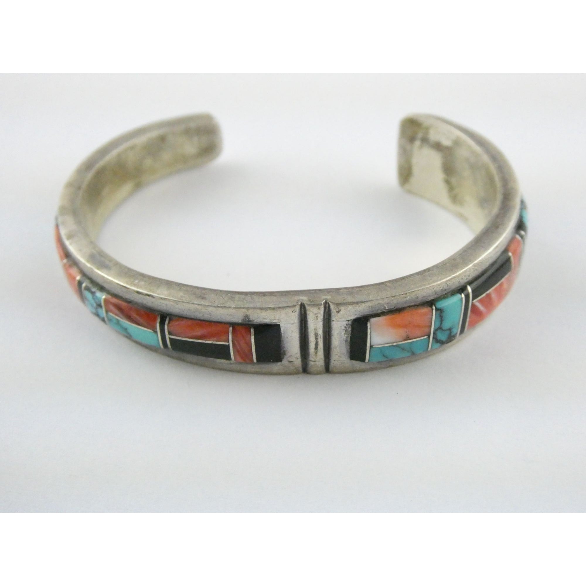 B Yazzie NA Navajo Sterling Silver Turquoise and Jet Inlay Cuff Bracelet 6.5 In
