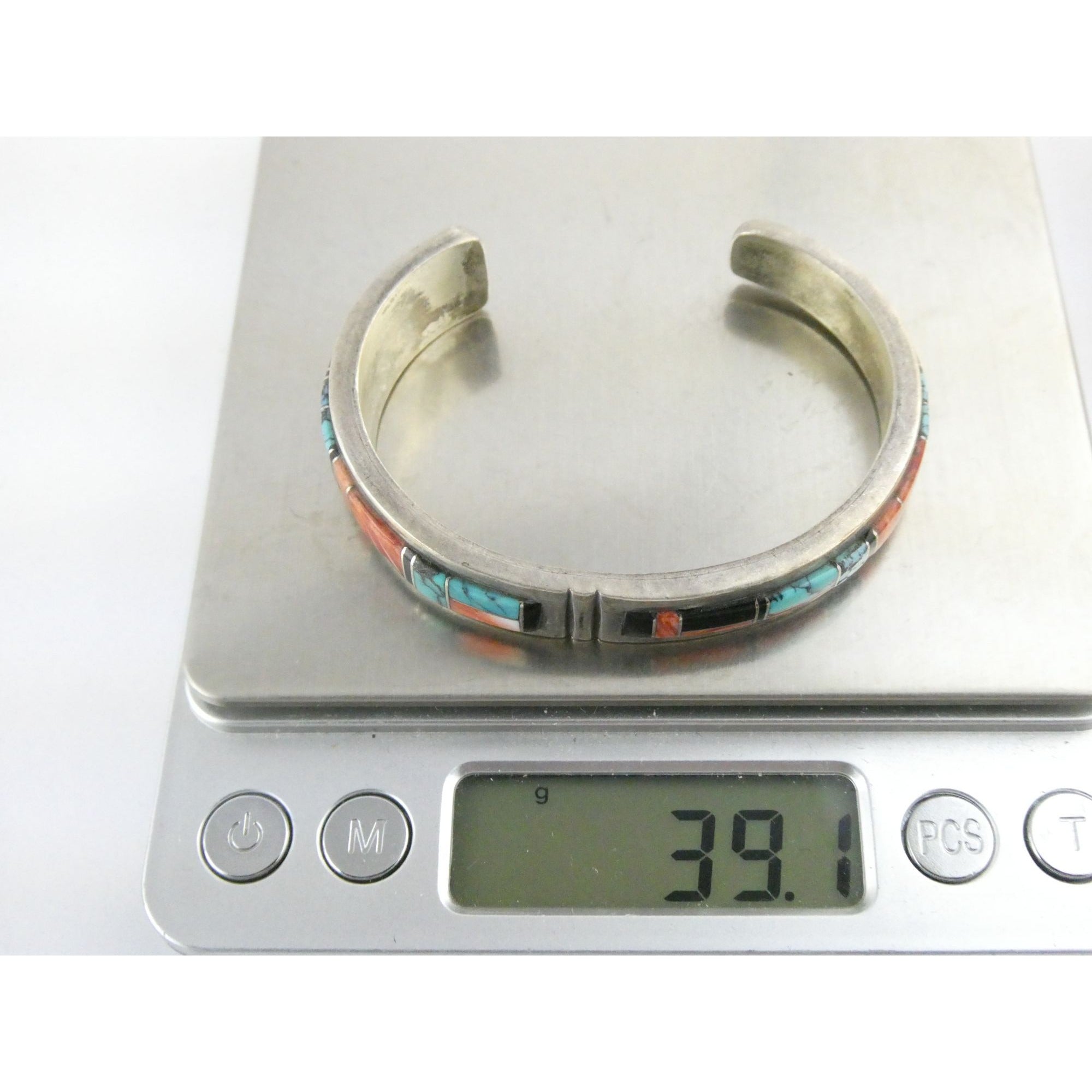 B Yazzie NA Navajo Sterling Silver Turquoise and Jet Inlay Cuff Bracelet 6.5 In