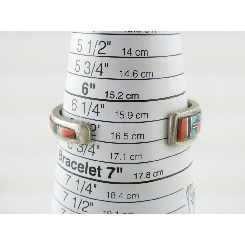 B Yazzie NA Navajo Sterling Silver Turquoise and Jet Inlay Cuff Bracelet 6.5 In