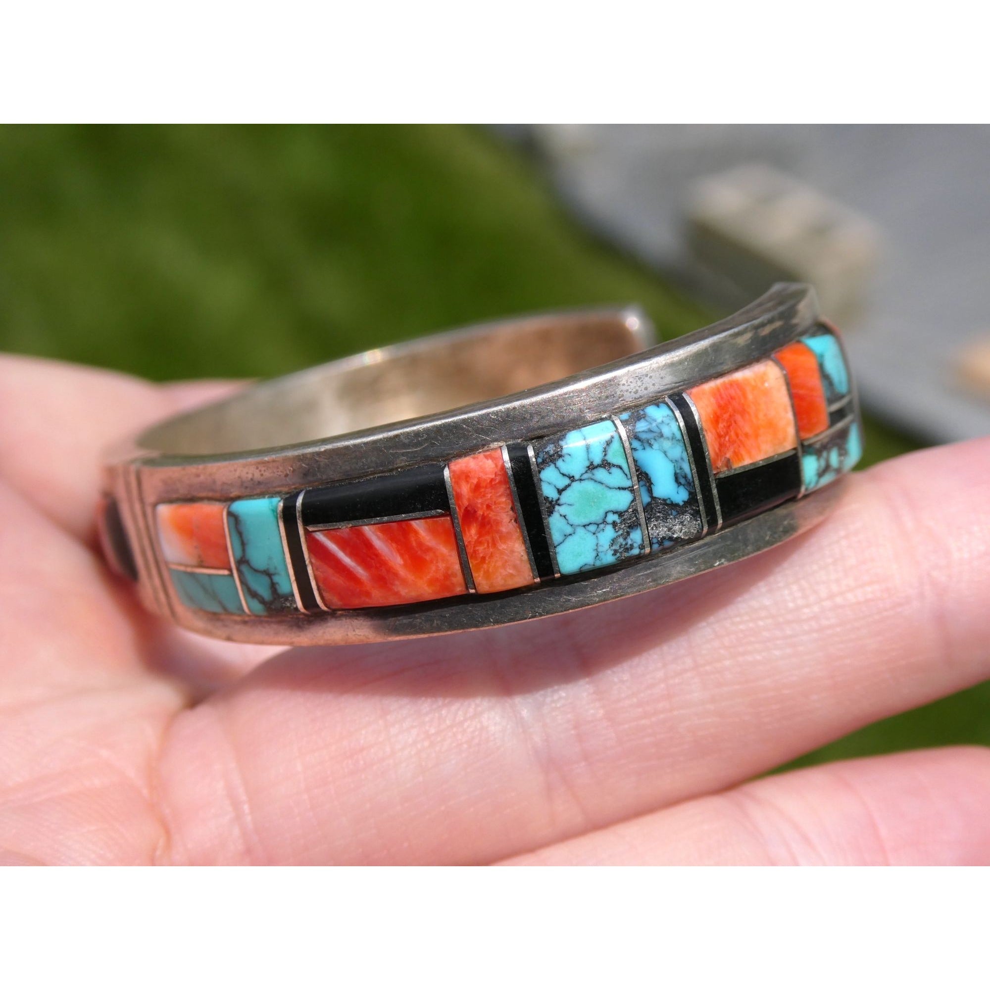 B Yazzie NA Navajo Sterling Silver Turquoise and Jet Inlay Cuff Bracelet 6.5 In