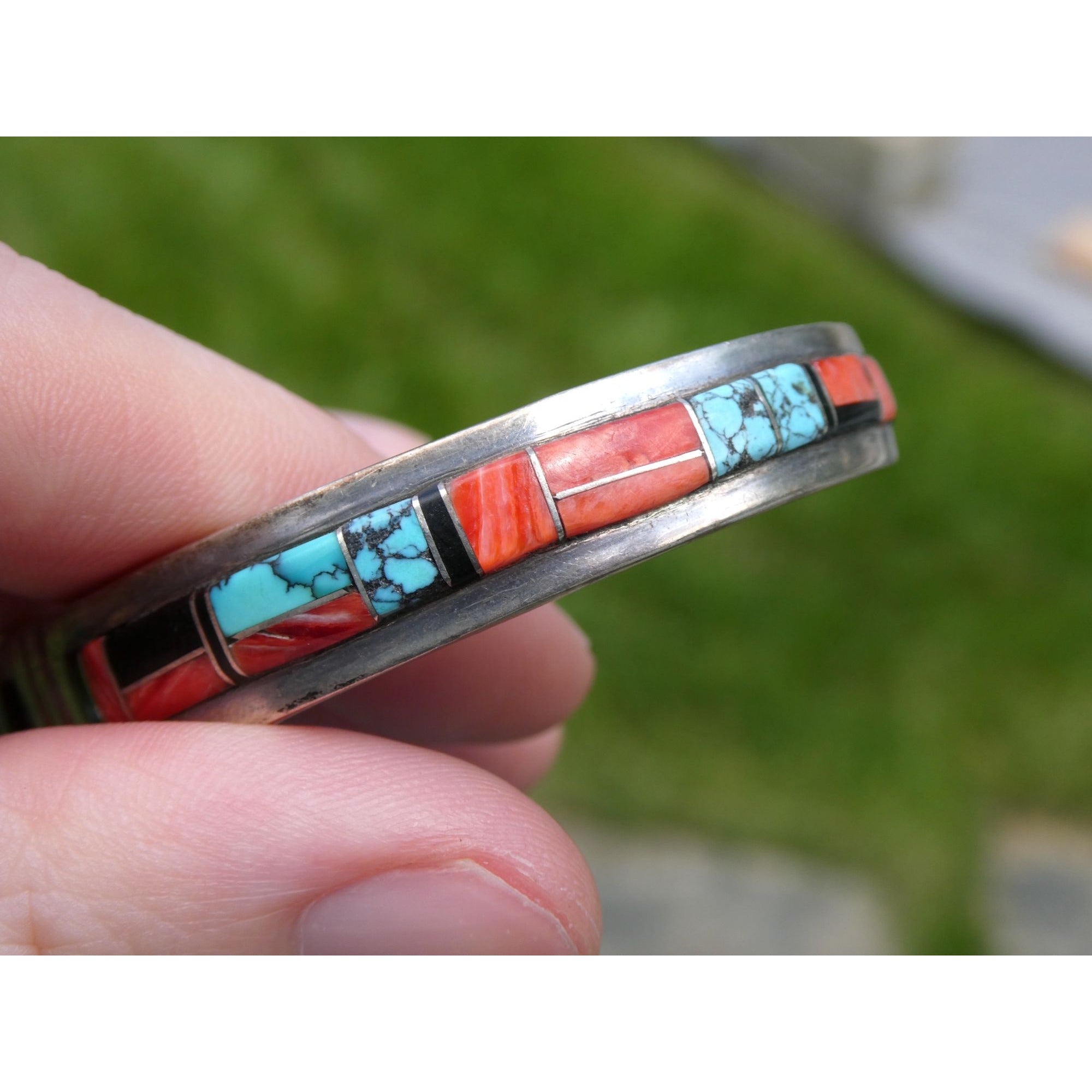 B Yazzie NA Navajo Sterling Silver Turquoise and Jet Inlay Cuff Bracelet 6.5 In
