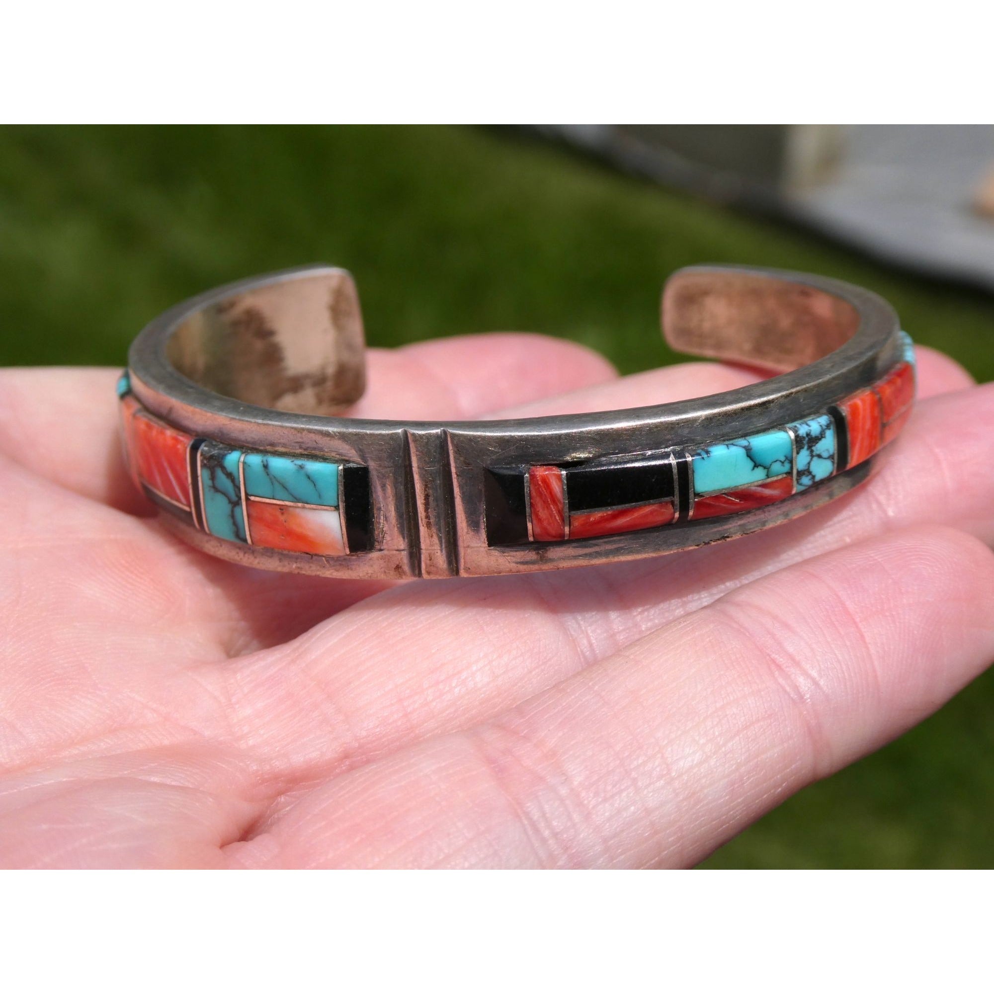 B Yazzie NA Navajo Sterling Silver Turquoise and Jet Inlay Cuff Bracelet 6.5 In