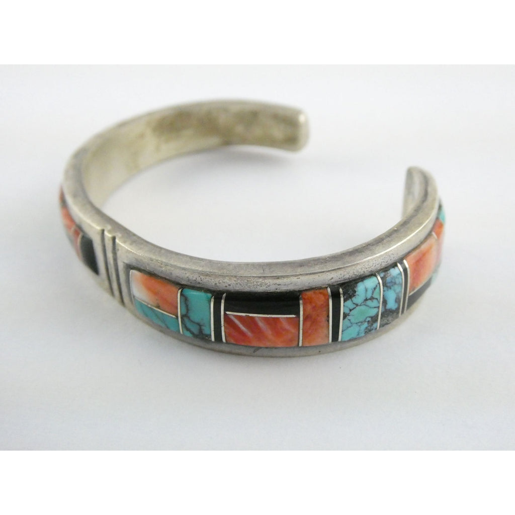 B Yazzie NA Navajo Sterling Silver Turquoise and Jet Inlay Cuff Bracelet 6.5 In