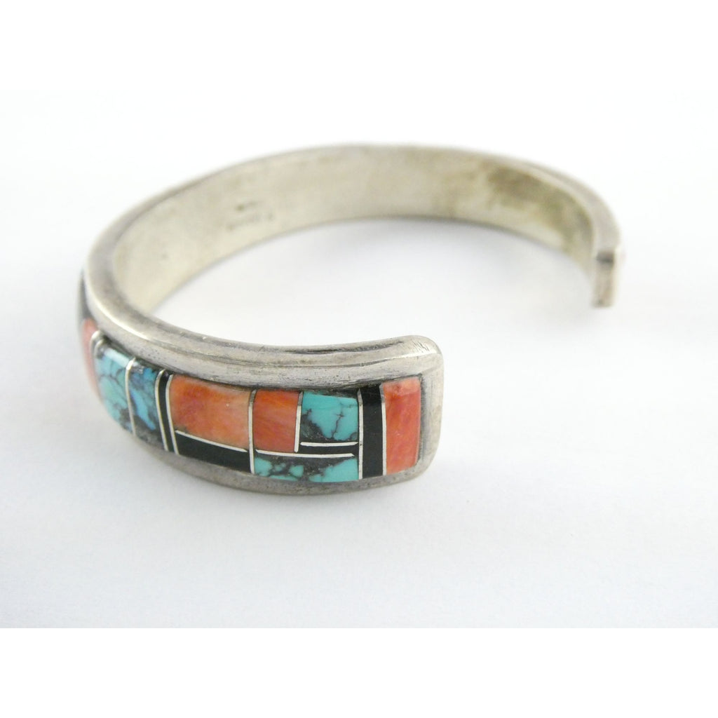 B Yazzie NA Navajo Sterling Silver Turquoise and Jet Inlay Cuff Bracelet 6.5 In