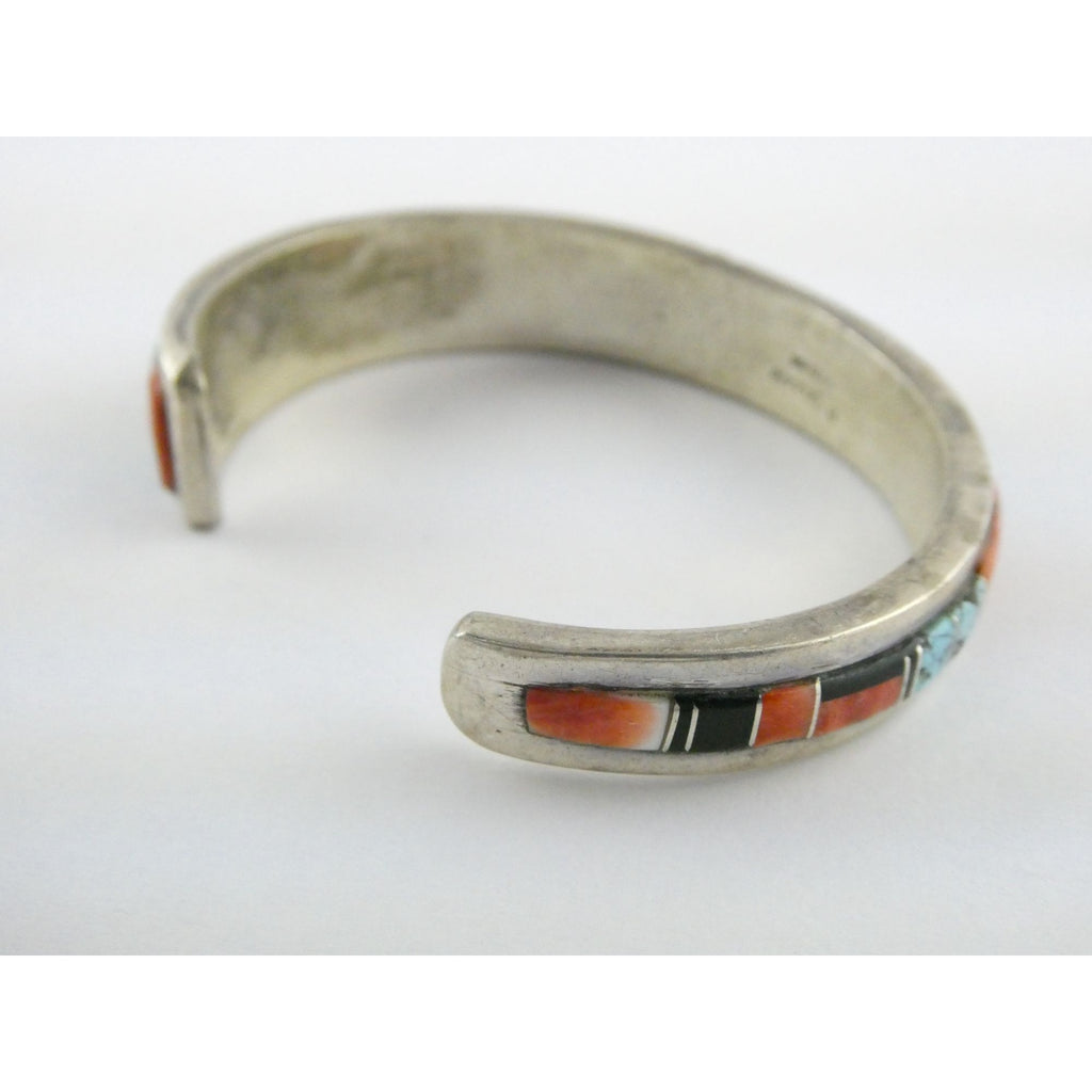 B Yazzie NA Navajo Sterling Silver Turquoise and Jet Inlay Cuff Bracelet 6.5 In