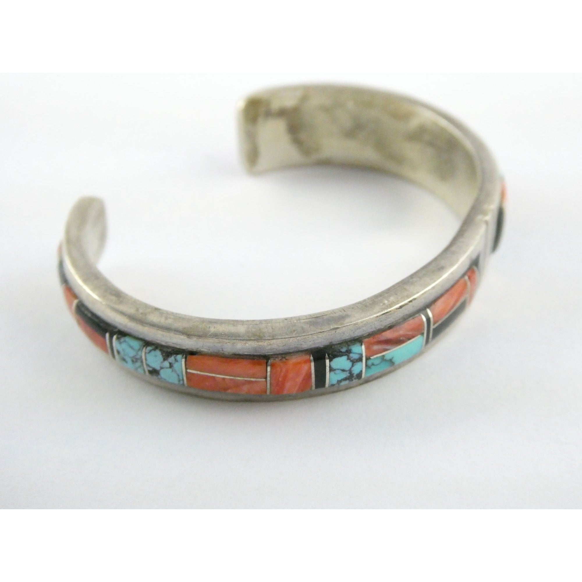 B Yazzie NA Navajo Sterling Silver Turquoise and Jet Inlay Cuff Bracelet 6.5 In