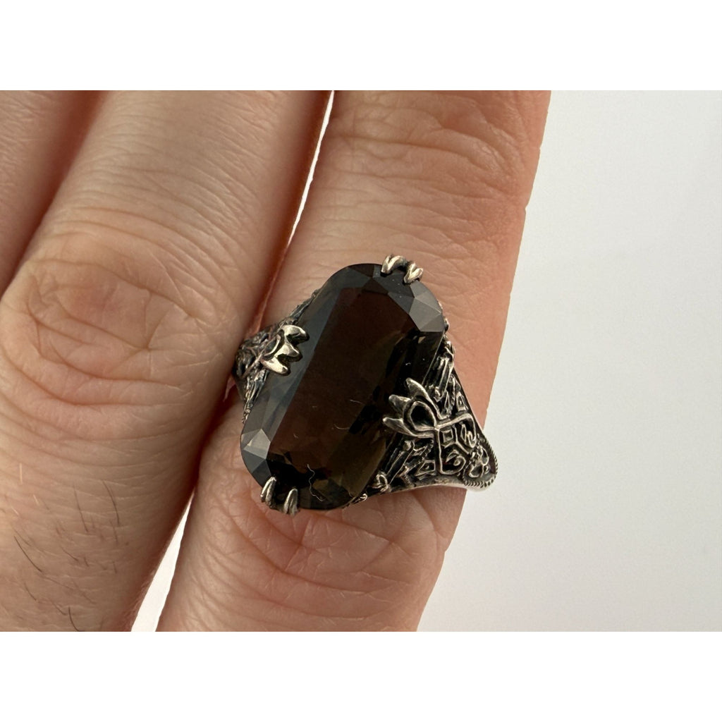 CNA Pranda Sterling Silver Smoky Quartz Openwork Design Setting Ring Size 9 4g