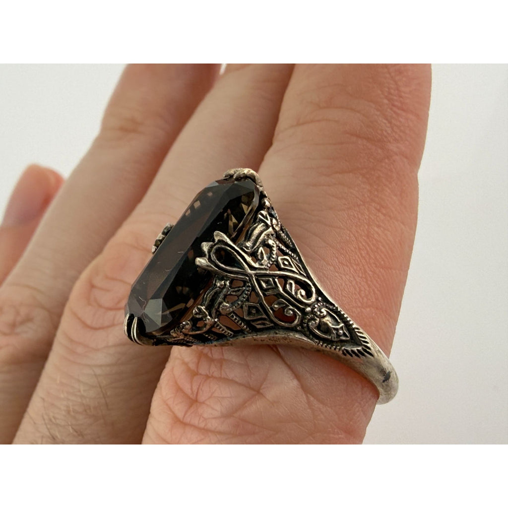 CNA Pranda Sterling Silver Smoky Quartz Openwork Design Setting Ring Size 9 4g