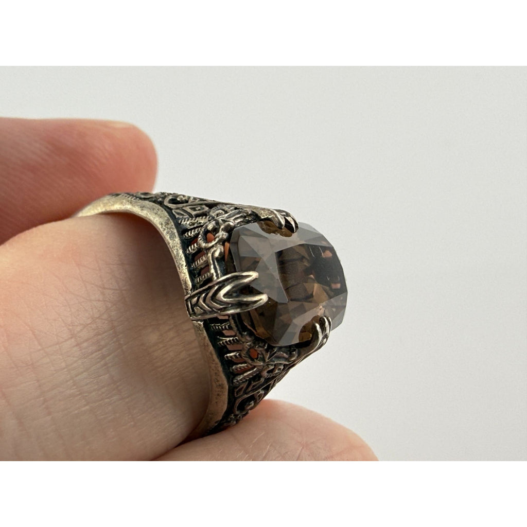 CNA Pranda Sterling Silver Smoky Quartz Openwork Design Setting Ring Size 9 4g