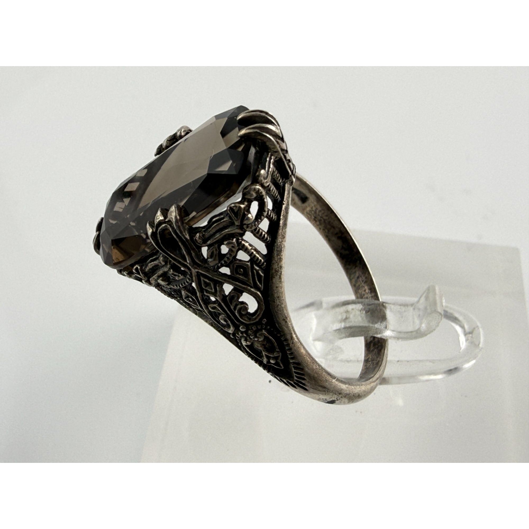 CNA Pranda Sterling Silver Smoky Quartz Openwork Design Setting Ring Size 9 4g