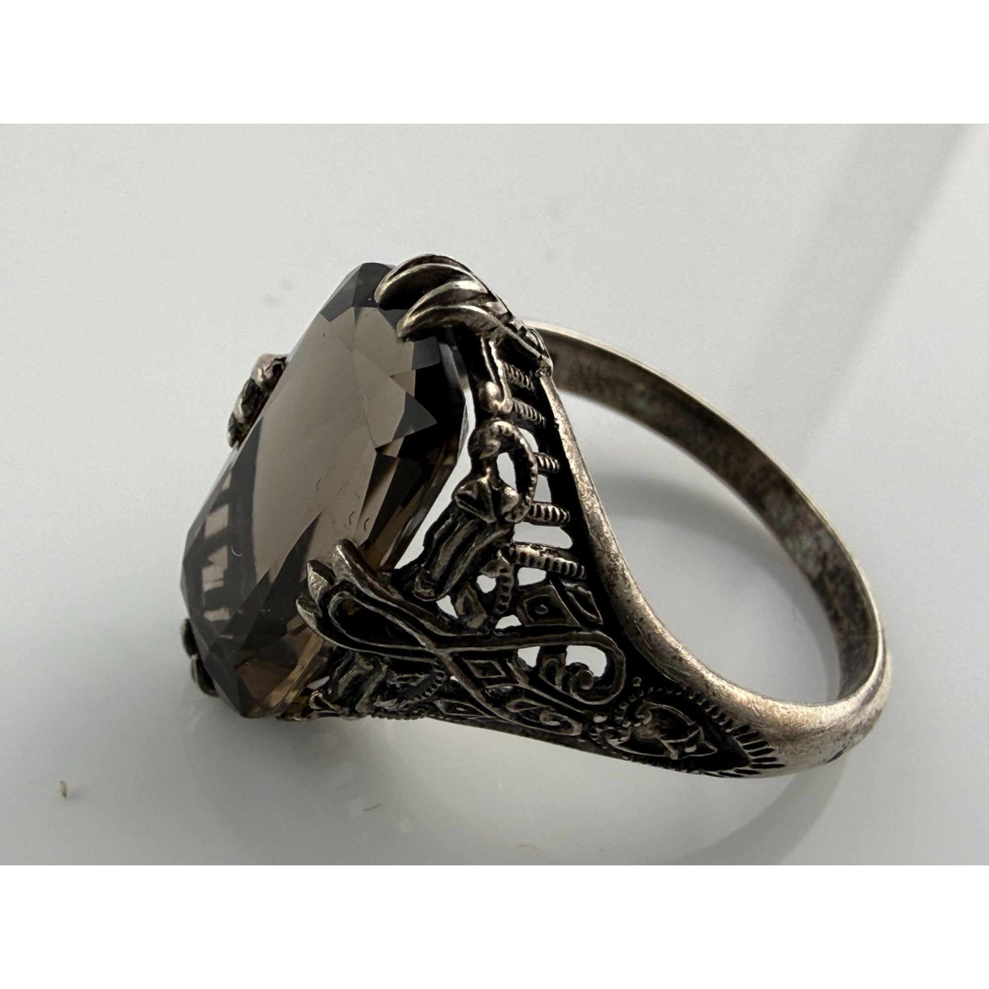 CNA Pranda Sterling Silver Smoky Quartz Openwork Design Setting Ring Size 9 4g