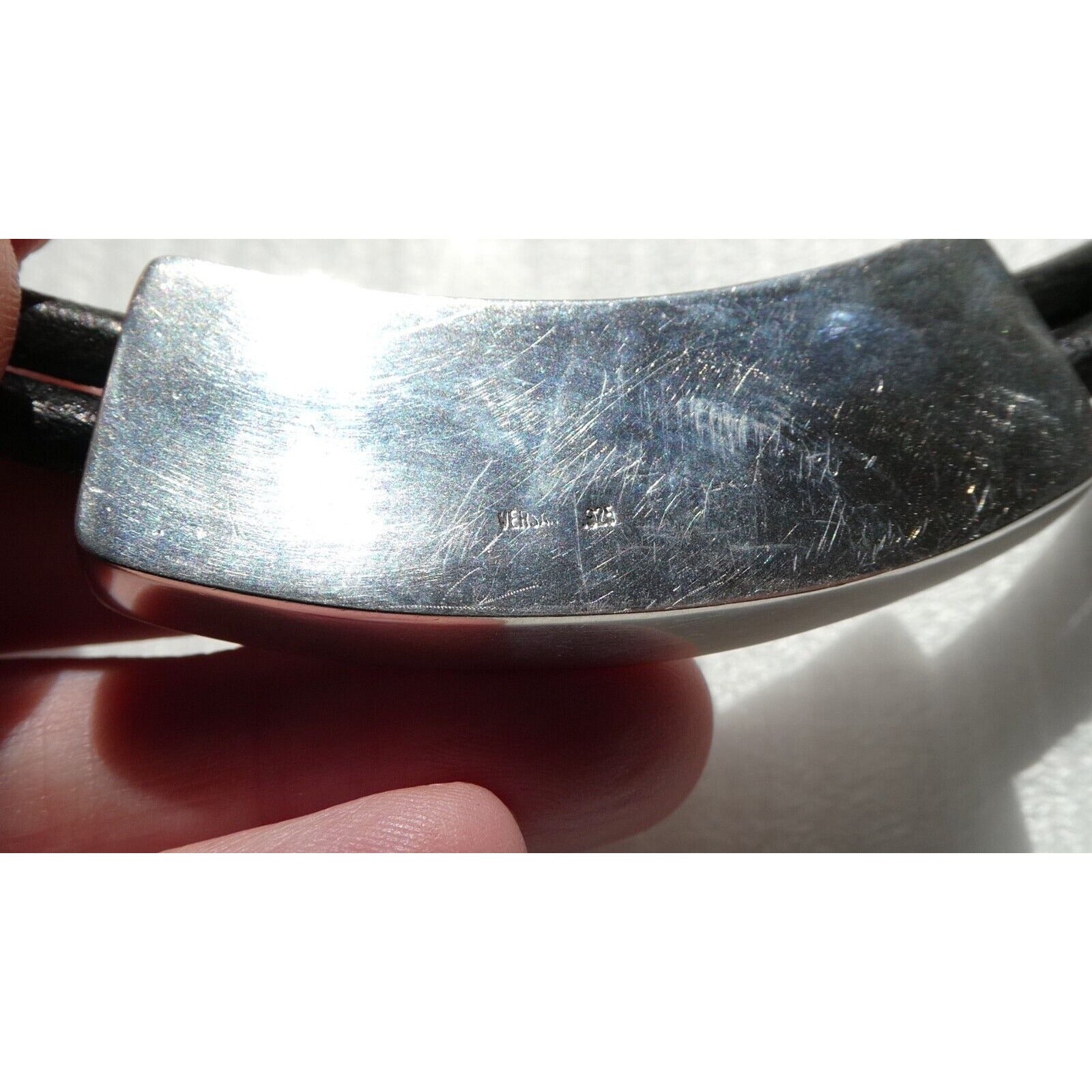 Versani Sterling Silver and Sting Ray Leather Belt Buckle Necklace 15 Inches