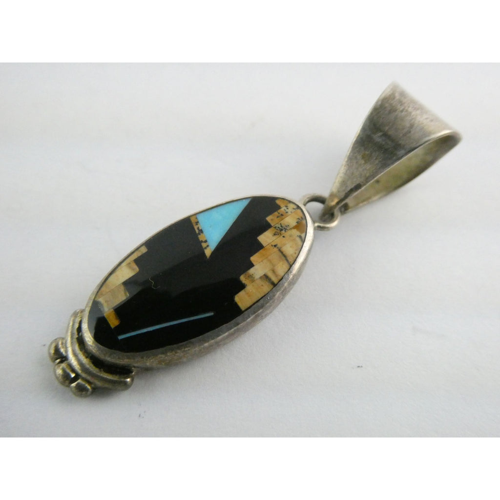 NA Navajo Peterson Chee Sterling Silver Turquoise Jasper and Onyx Inlay Pendant